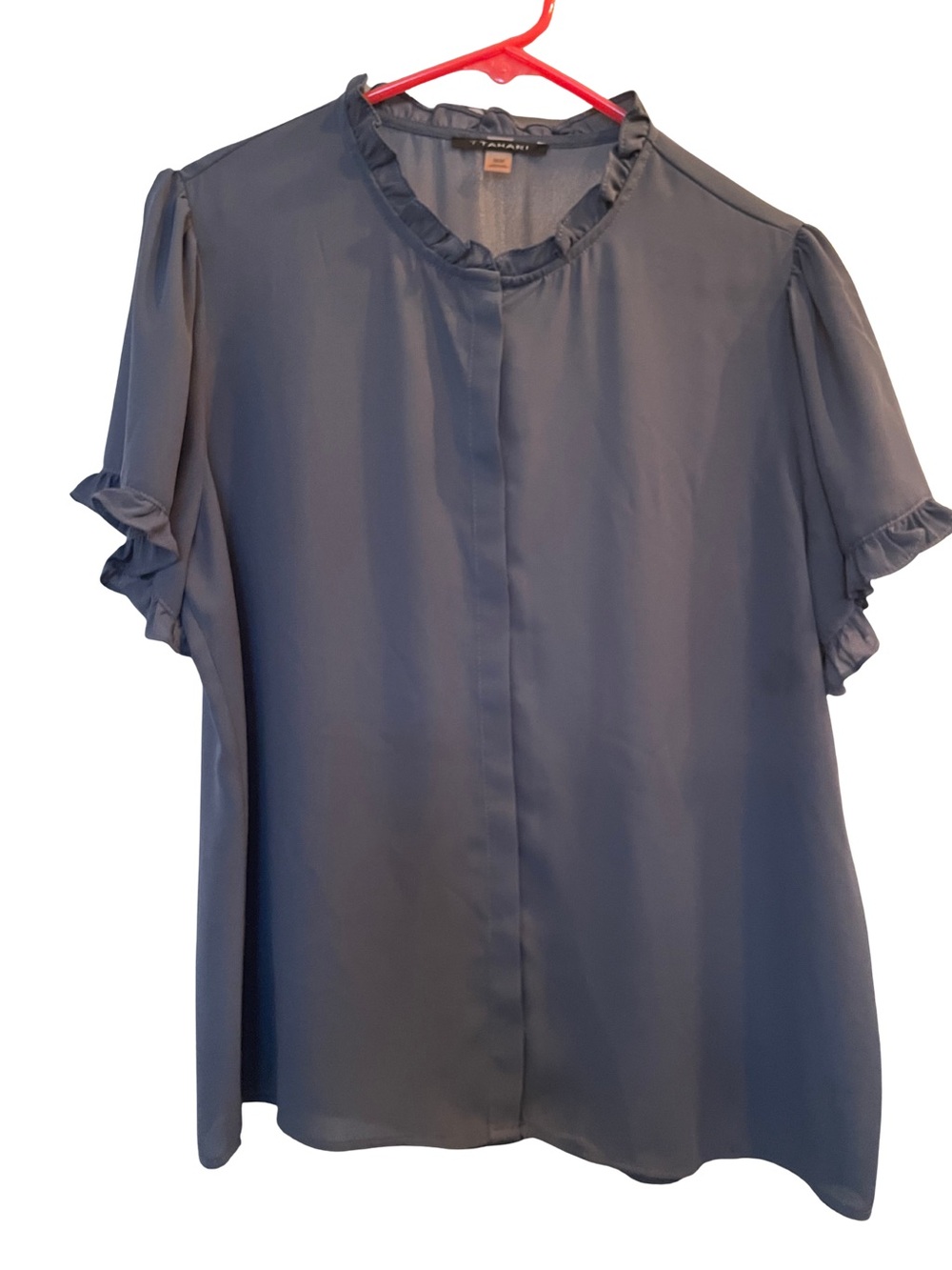 Tahari Slate Blue Ruffle Neck Short Sleeve Blouse